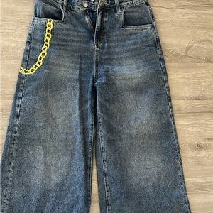 JNCO Blue and Yellow Flare Wide Leg Jeans with Vintage Wash